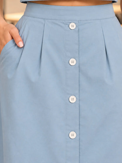 Women's Light Blue Solid Shirt and A-line Skirt Co-ord Set
