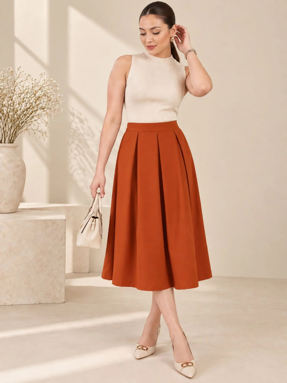 Women Solid Pleated Midi Skirt