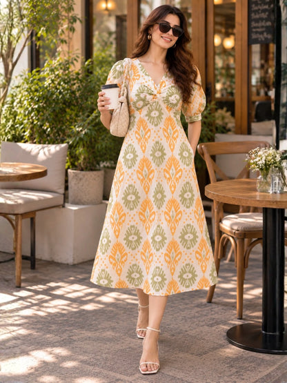 Women Twisted Yoke Printed Cotton Dess
