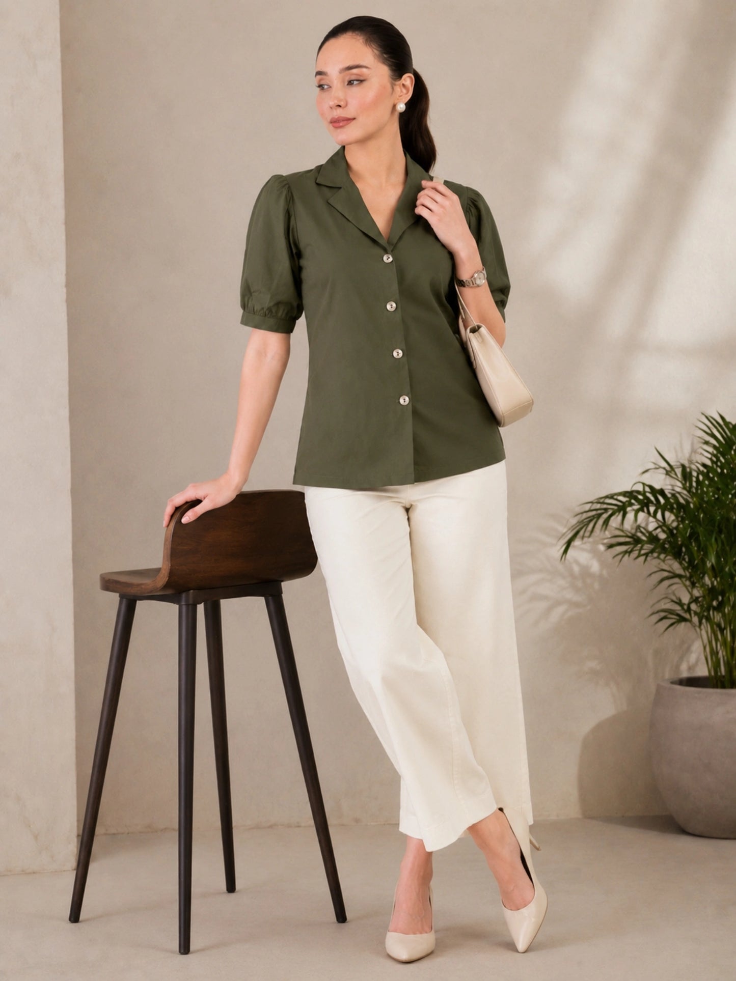 Women's Olive Solid Shirt Collar Puff Sleeve Button Front Regular Fit Casual Office Wear Top for Women