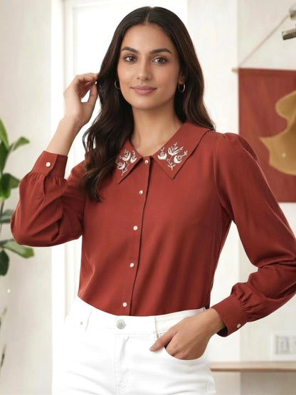 Women Maroon Collared Shirt with Contrast Embriodery