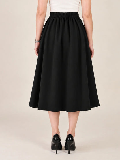 Women Solid Pleated Midi Skirt