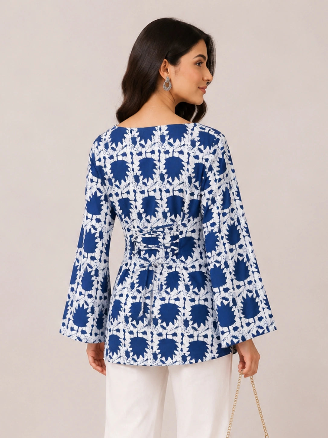 Women's Blue Abstract Print Corset Style Short Kurti with Square Neck, Bell Sleeves and Adjustable Back Tie-Up for Casual Wear