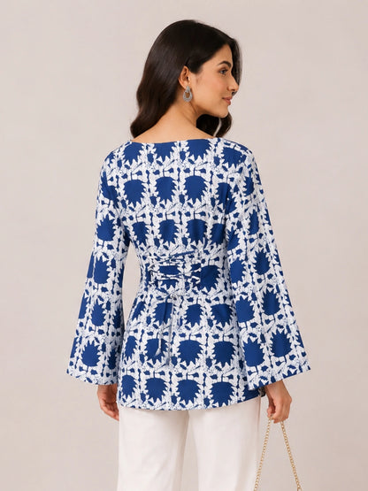 Women's Blue Abstract Print Corset Style Short Kurti with Square Neck, Bell Sleeves and Adjustable Back Tie-Up for Casual Wear