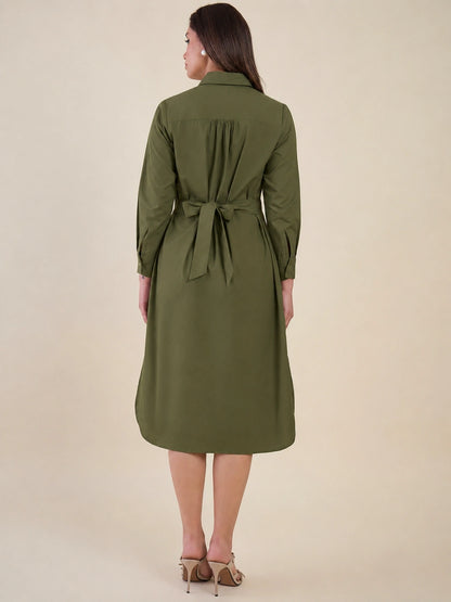 Women Green Side Silt Shirt Dress