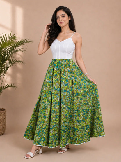 Women Cotton Ethnic Printed Maxi Flared Skirt with Contrast Lace Hem