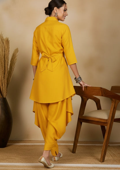 Women Yellow Embroidered Tunic with Harem Salwar Coord Set