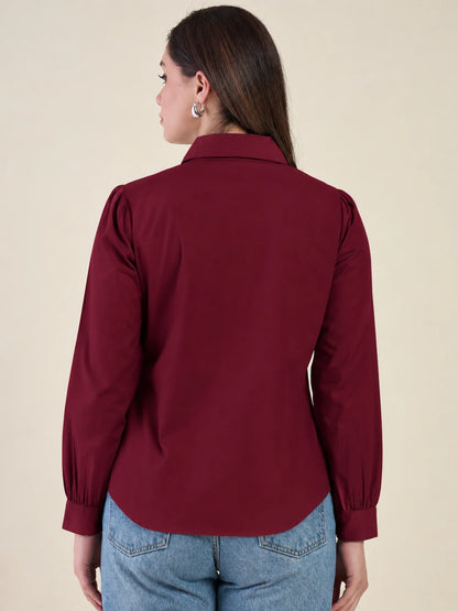 Women Burgundy Heart Embroidered Casual Shirt