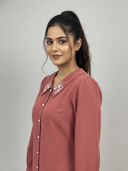 Women Pink Collared Shirt with Contrast Embriodery