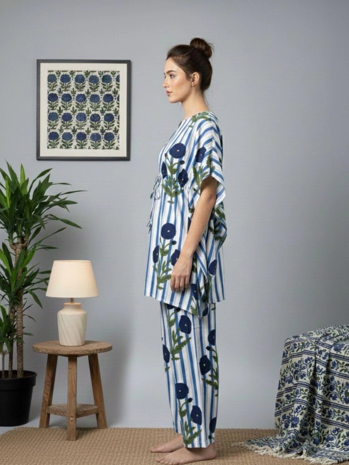 Women Blue Floral Kaftan Night-Suit Set