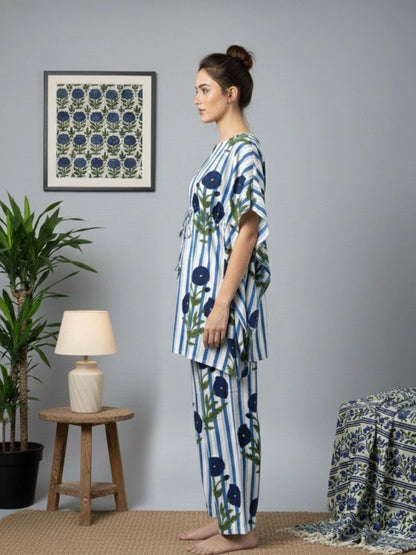Women Blue Floral Kaftan Night-Suit Set
