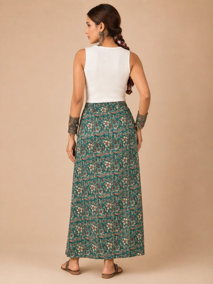 Women's Teal Floral Printed Maxi Skirt