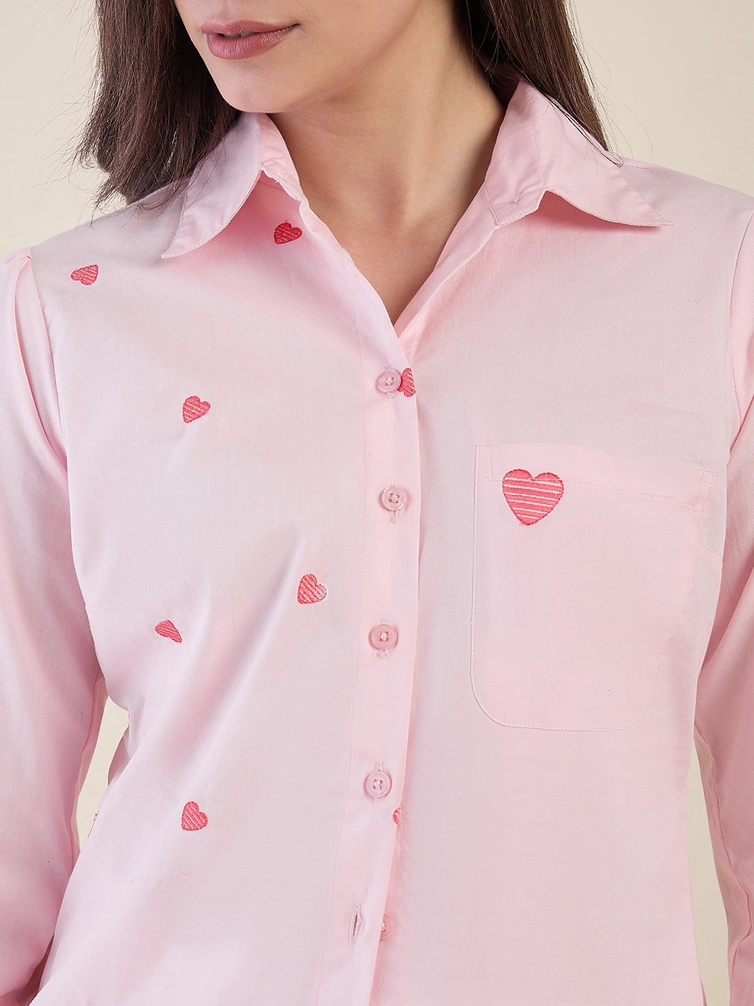 Women Pink Heart Embroidered Casual Shirt