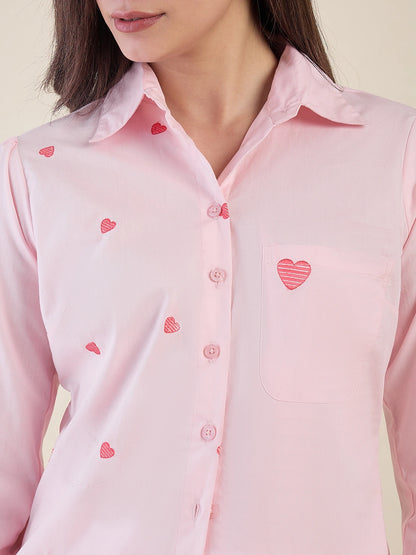 Women Pink Heart Embroidered Casual Shirt