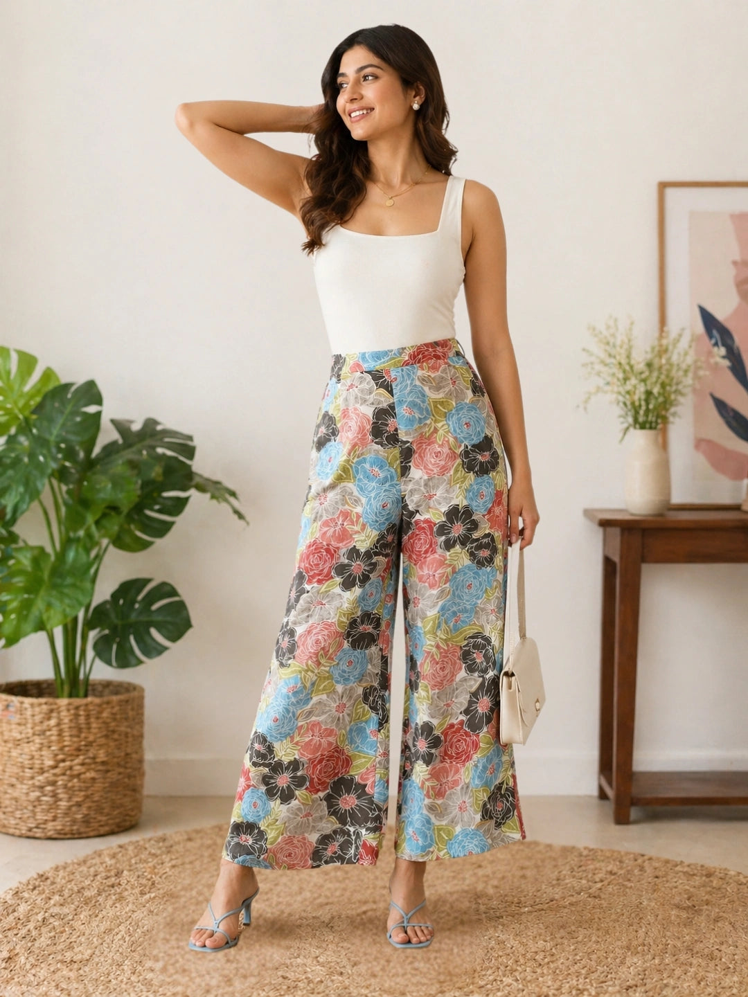 Women Multicolor Floral Print Mid-Rise Wide Leg Trousers