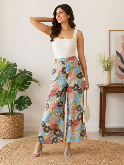 Women Multicolor Floral Print Mid-Rise Wide Leg Trousers