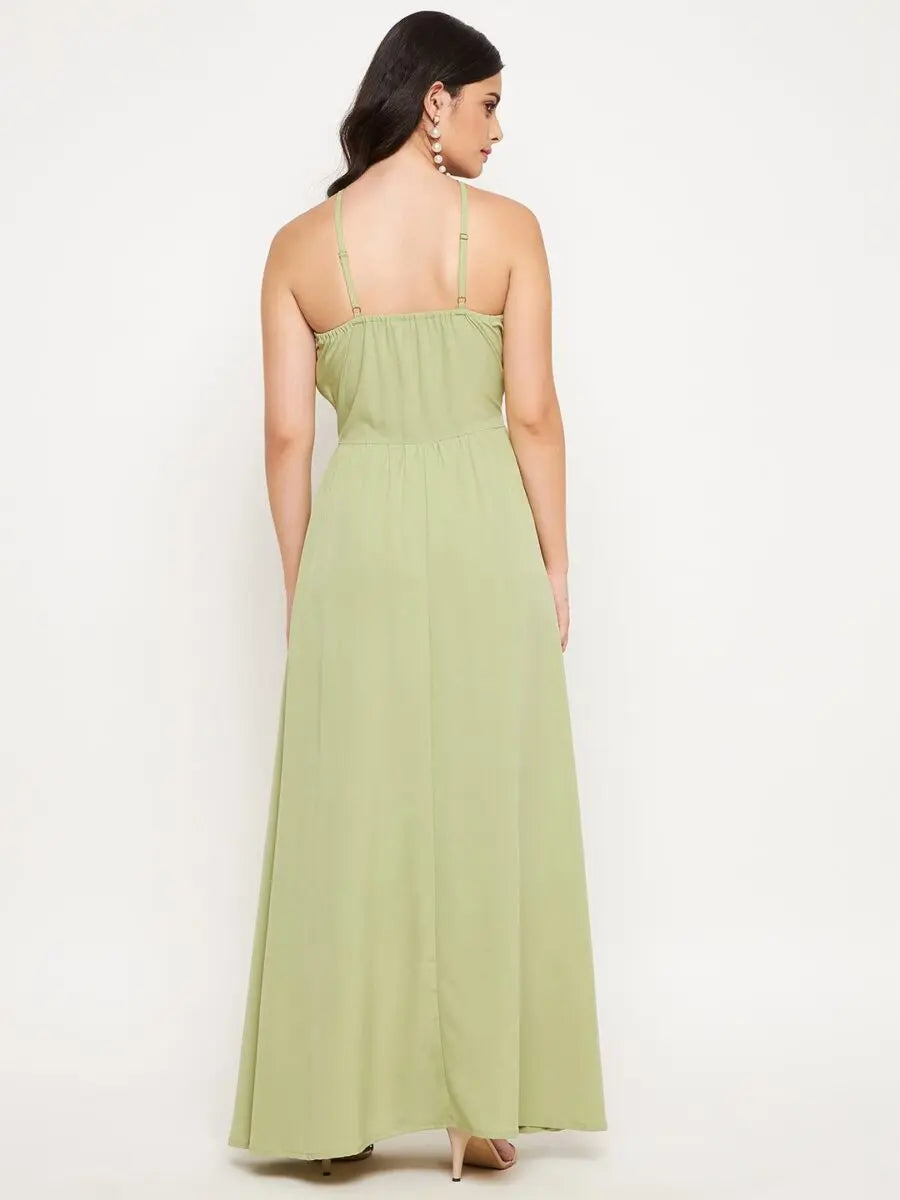 winered-light-green-long-dress-with-lace-at-waist-dress