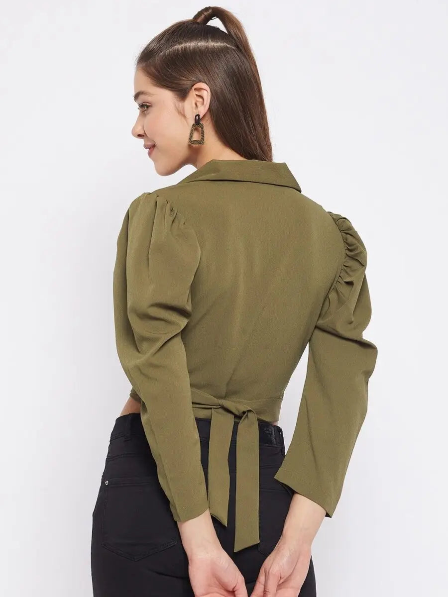 winered-dark-green-solid-polyester-crop-top