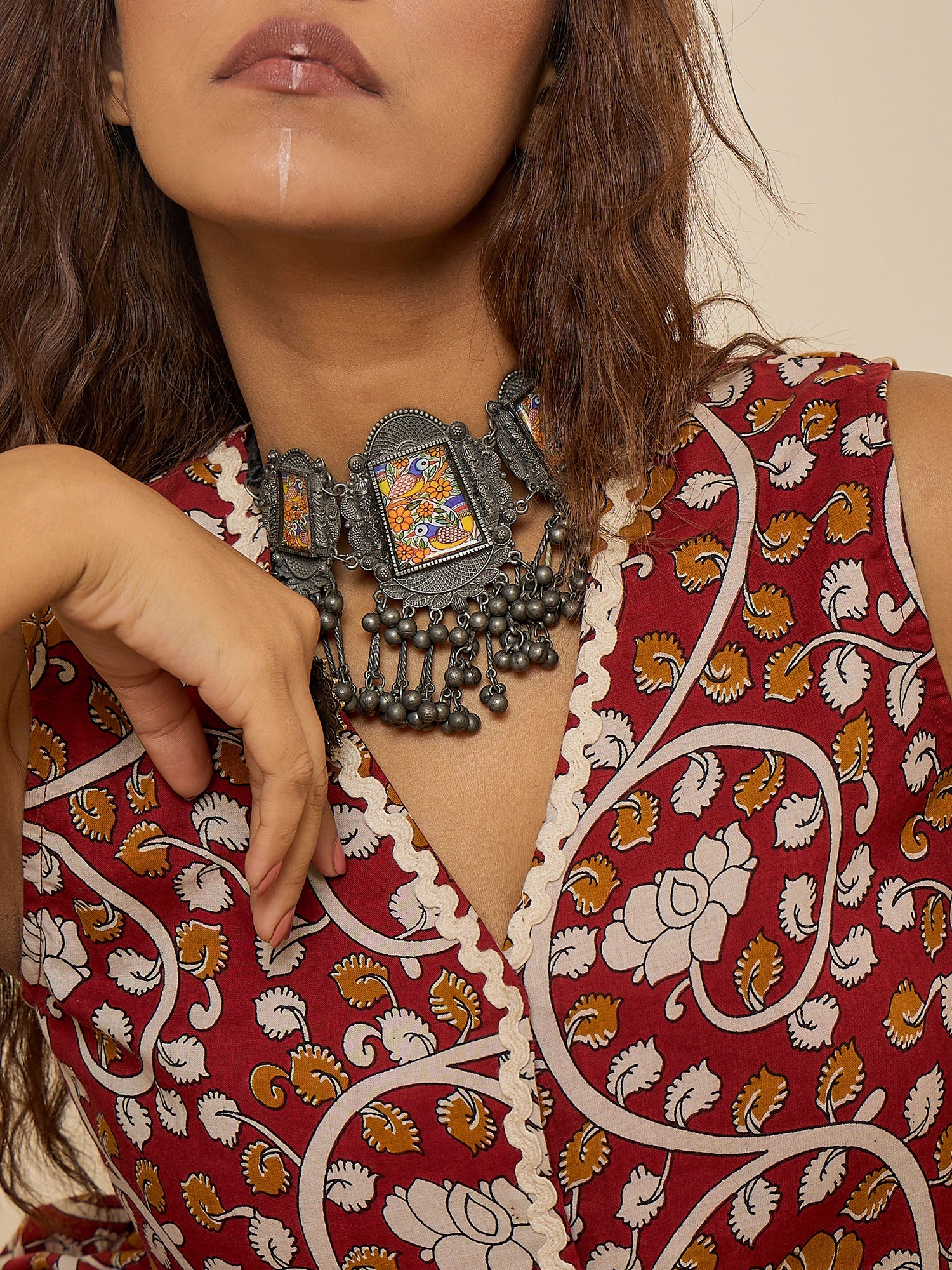 women-maroon-cotton-printed-lace-detailing-waistcoat-with-skirt-co-ord-set