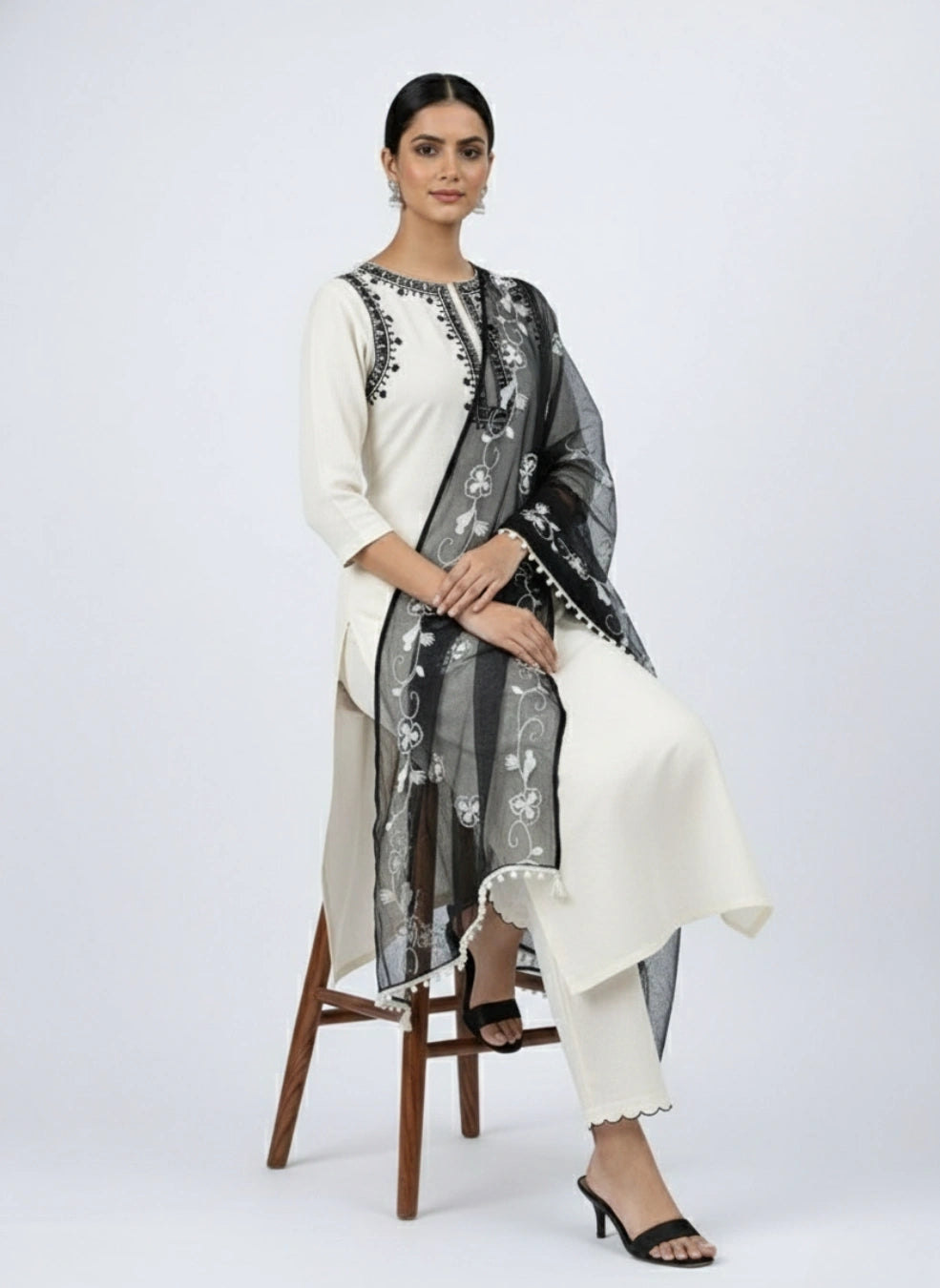 Women's Beige Embroidered Cotton Kurta Set with Dupatta