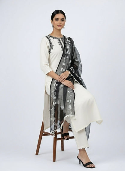 Women's Beige Embroidered Cotton Kurta Set with Dupatta
