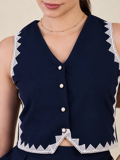 Women Navy Blue Vest & Skirt Co-ord Set
