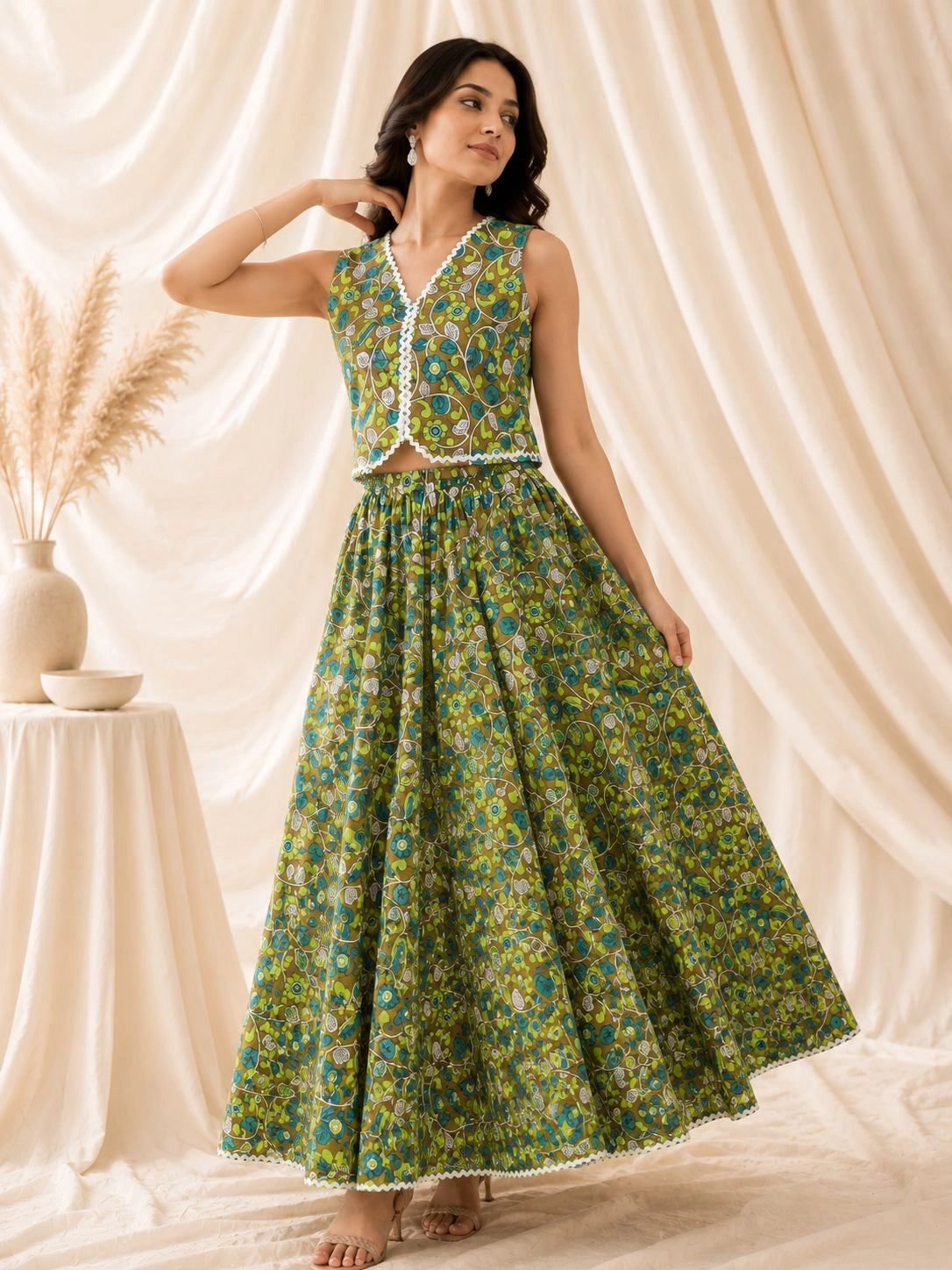 Women's Floral Printed Waistcoat Top and Maxi Skirt Co-Ord Set