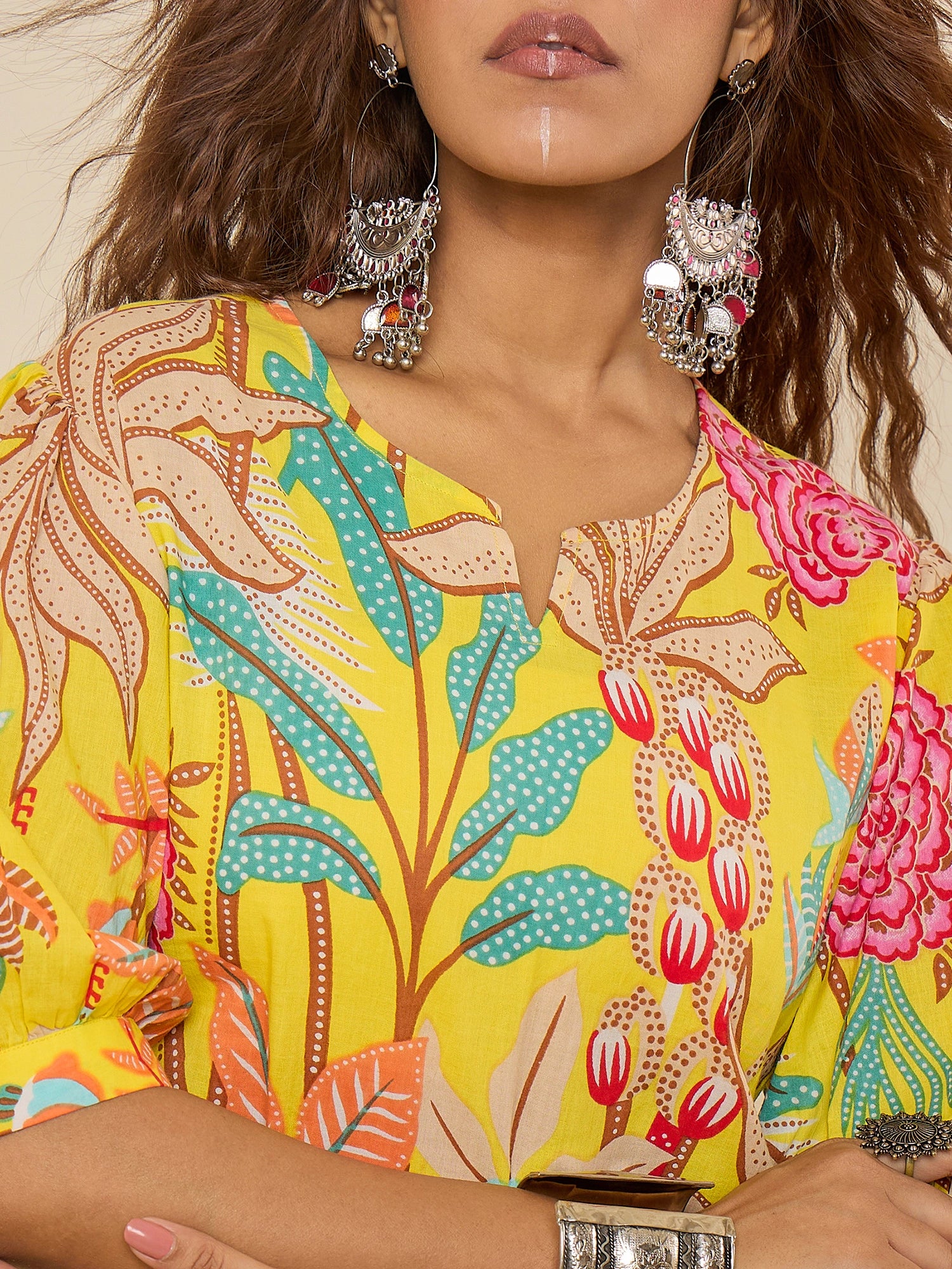 women-yellow-tropical-print-puff-sleeve-tunic-co-ord-set