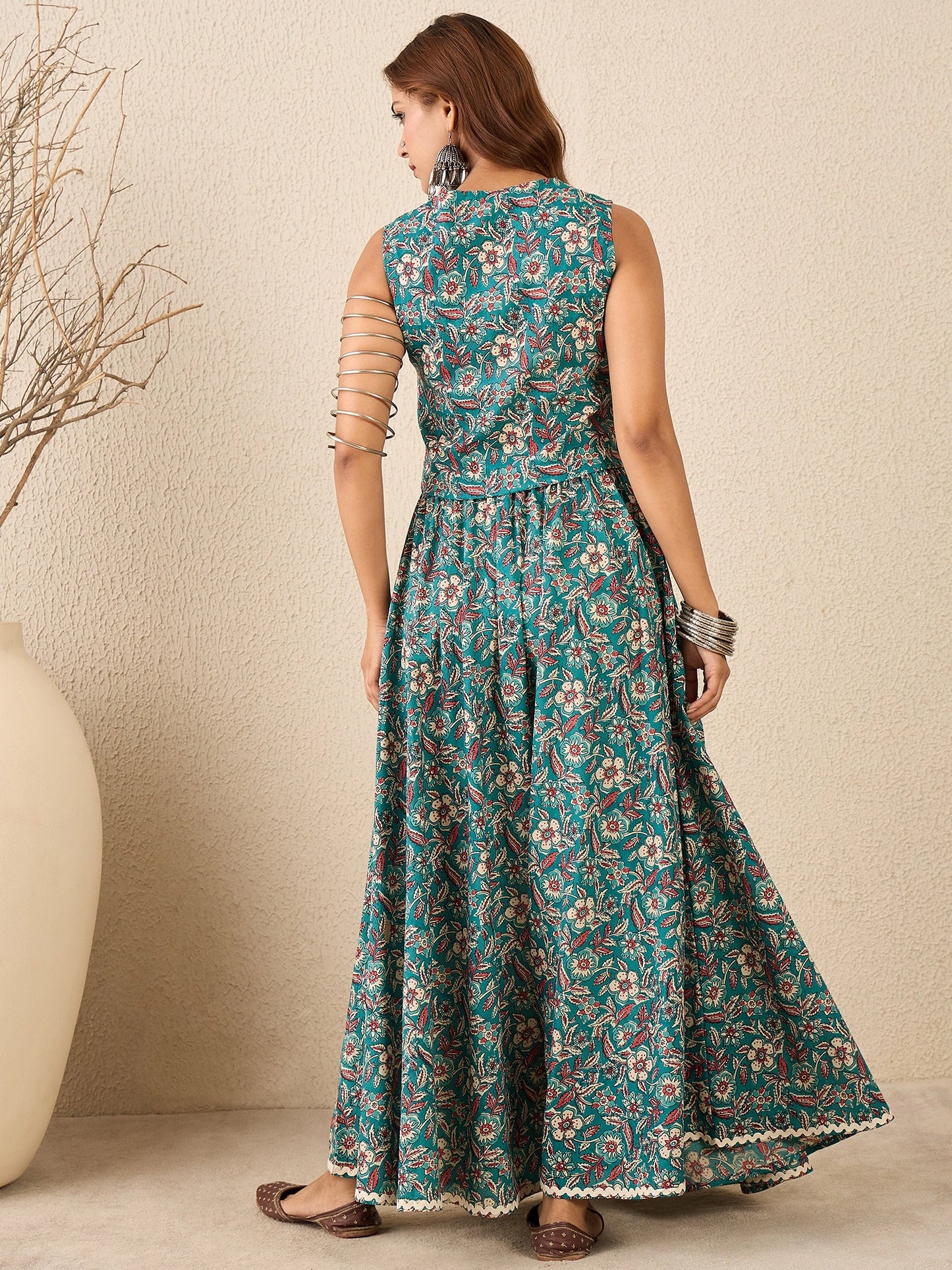 Women Printed Lace Detailing Waistcoat Top