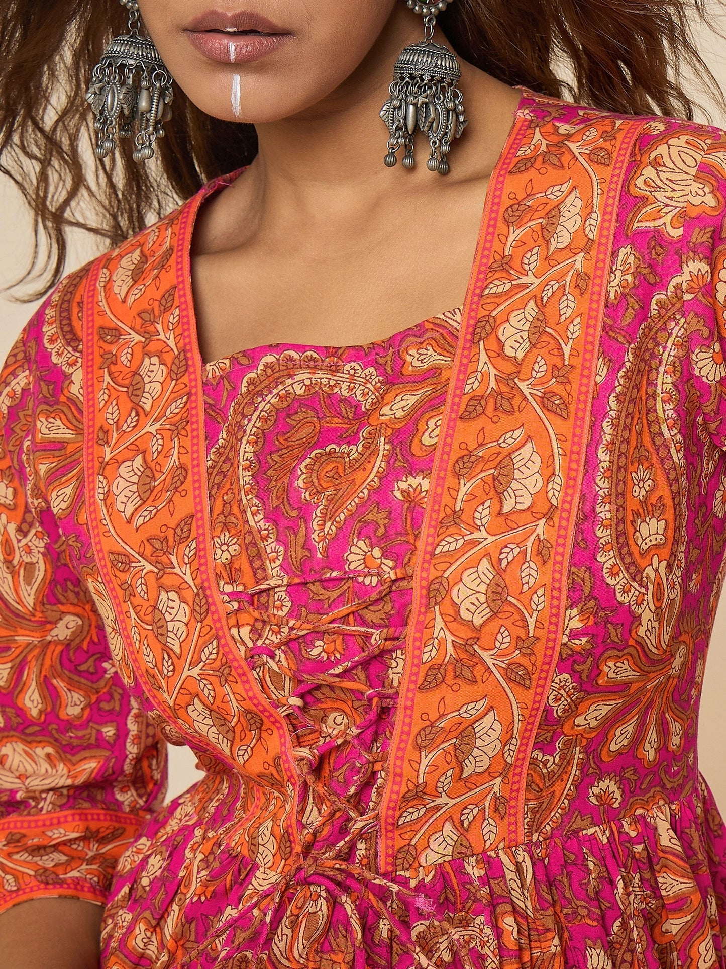 Women Cotton Pink Printed Bodered Peplum Top