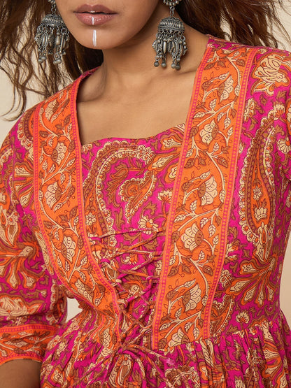 Women Cotton Pink Printed Bodered Peplum Top