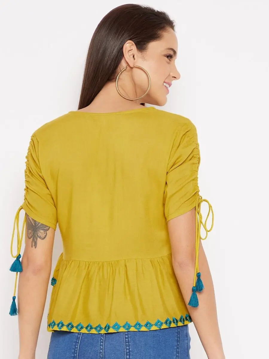 winered-yellow-a-line-rayon-embroidered-top