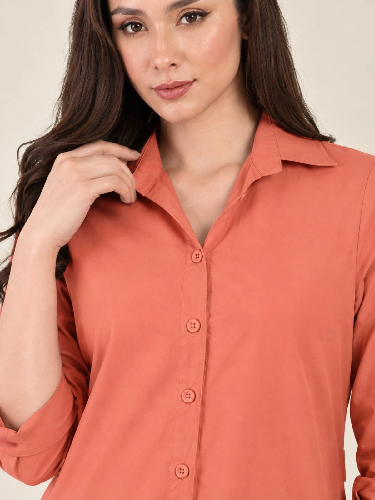 Women's Peach Shirt Dress | Shirt Collared Neck | Button Down Midi Dress with Waist Belt