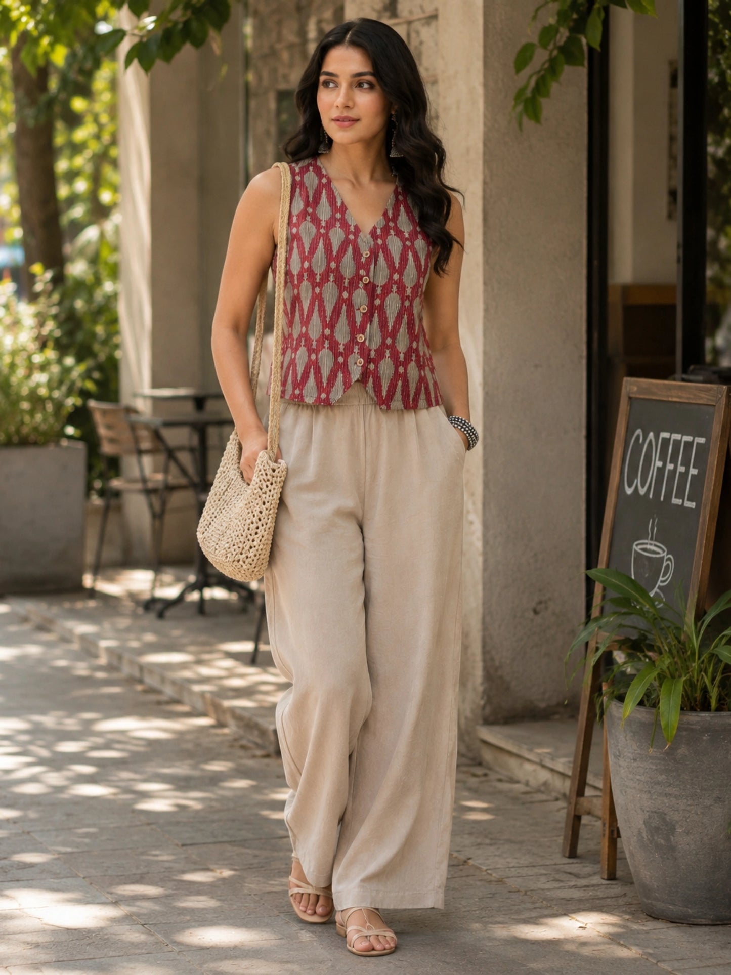 Women's Maroon Ikat Printed Sleeveless V-Neck Button Front Waistcoat Style Top | Regular Fit | Casual, Office & Everyday Wear