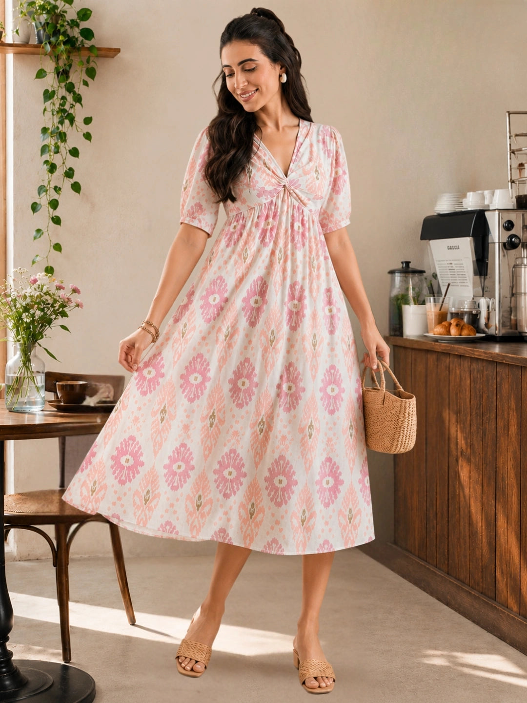 Women Cotton Ikat Printed Knotted Midi Dress
