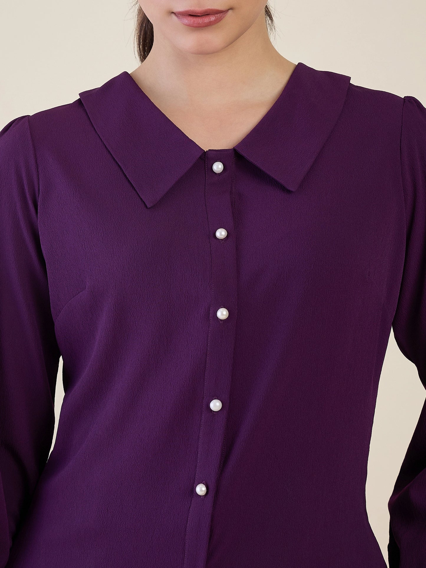 Women Purple Embroidered Peter Pan Collar Shirt