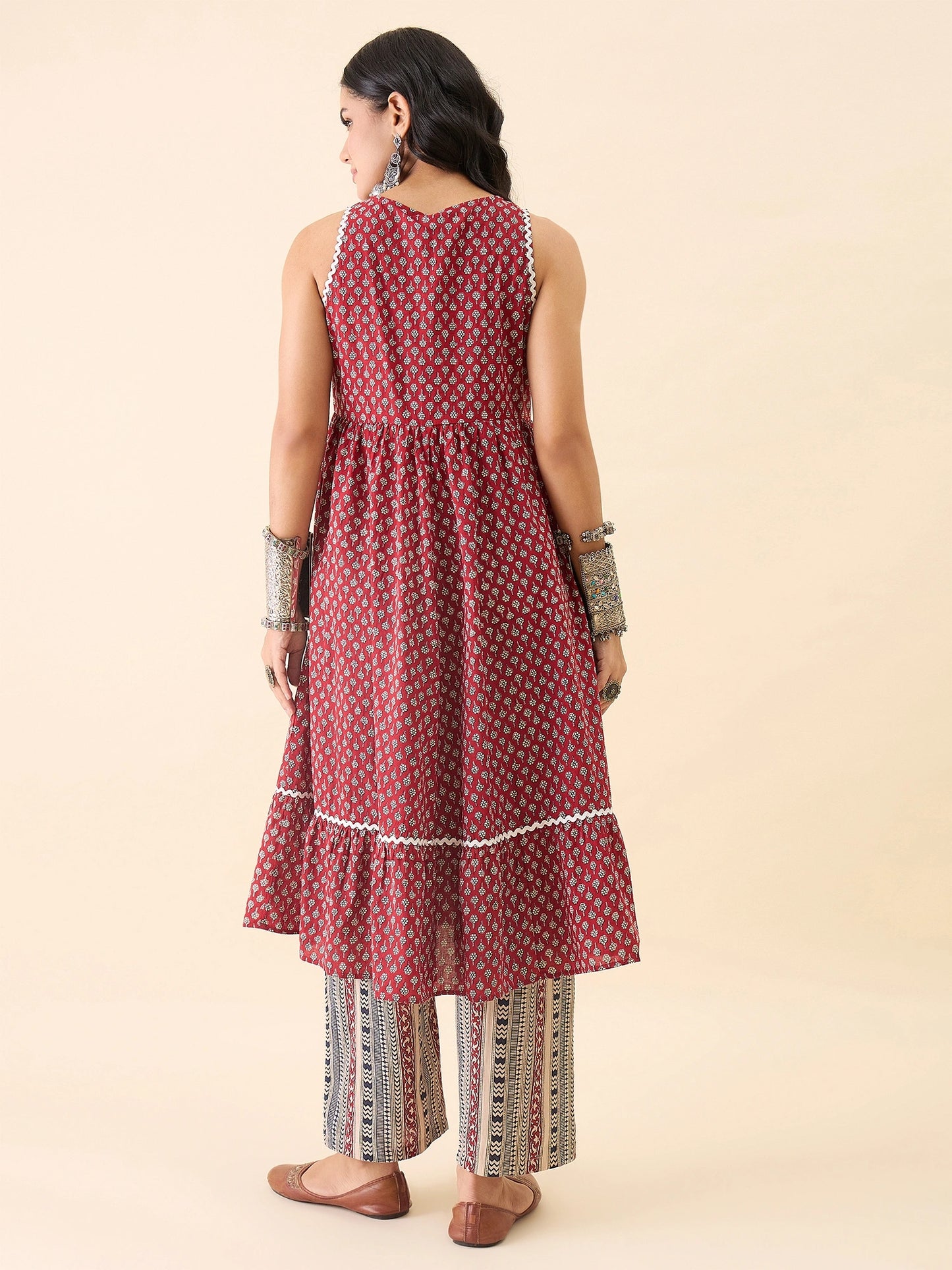 Women's Maroon Printed Sleeveless A-Line Kurta with Palazzo Set