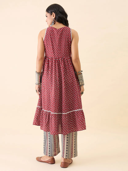 Women's Maroon Printed Sleeveless A-Line Kurta with Palazzo Set