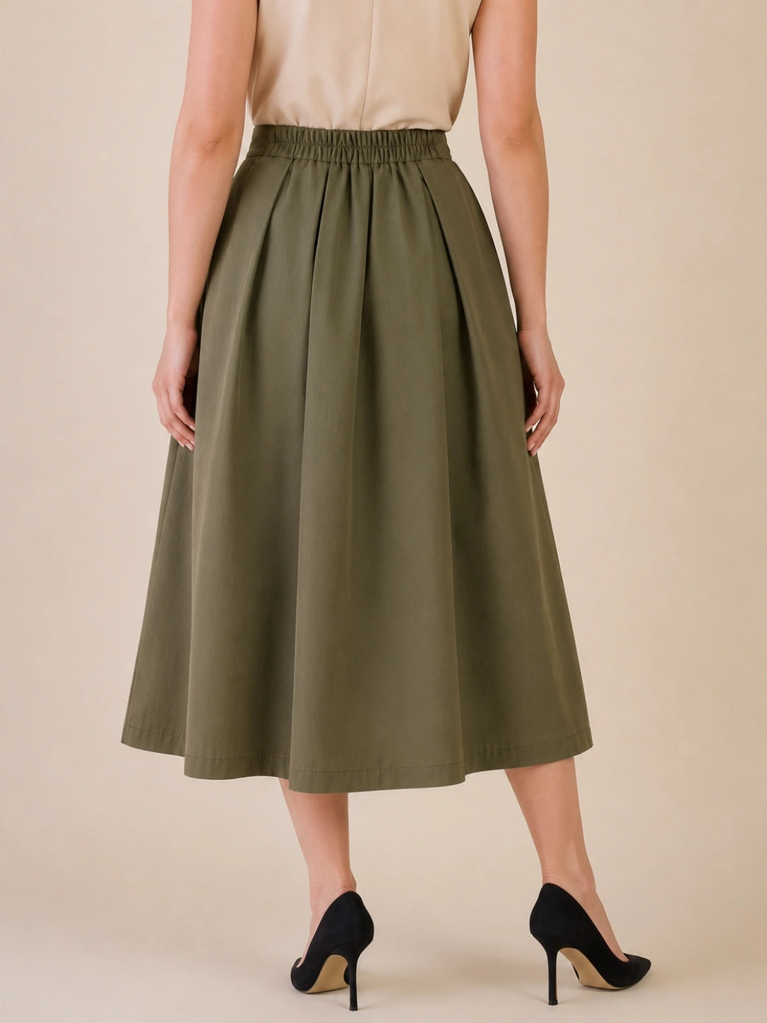 Women Olive Solid Pleated Flared Midi Skirt