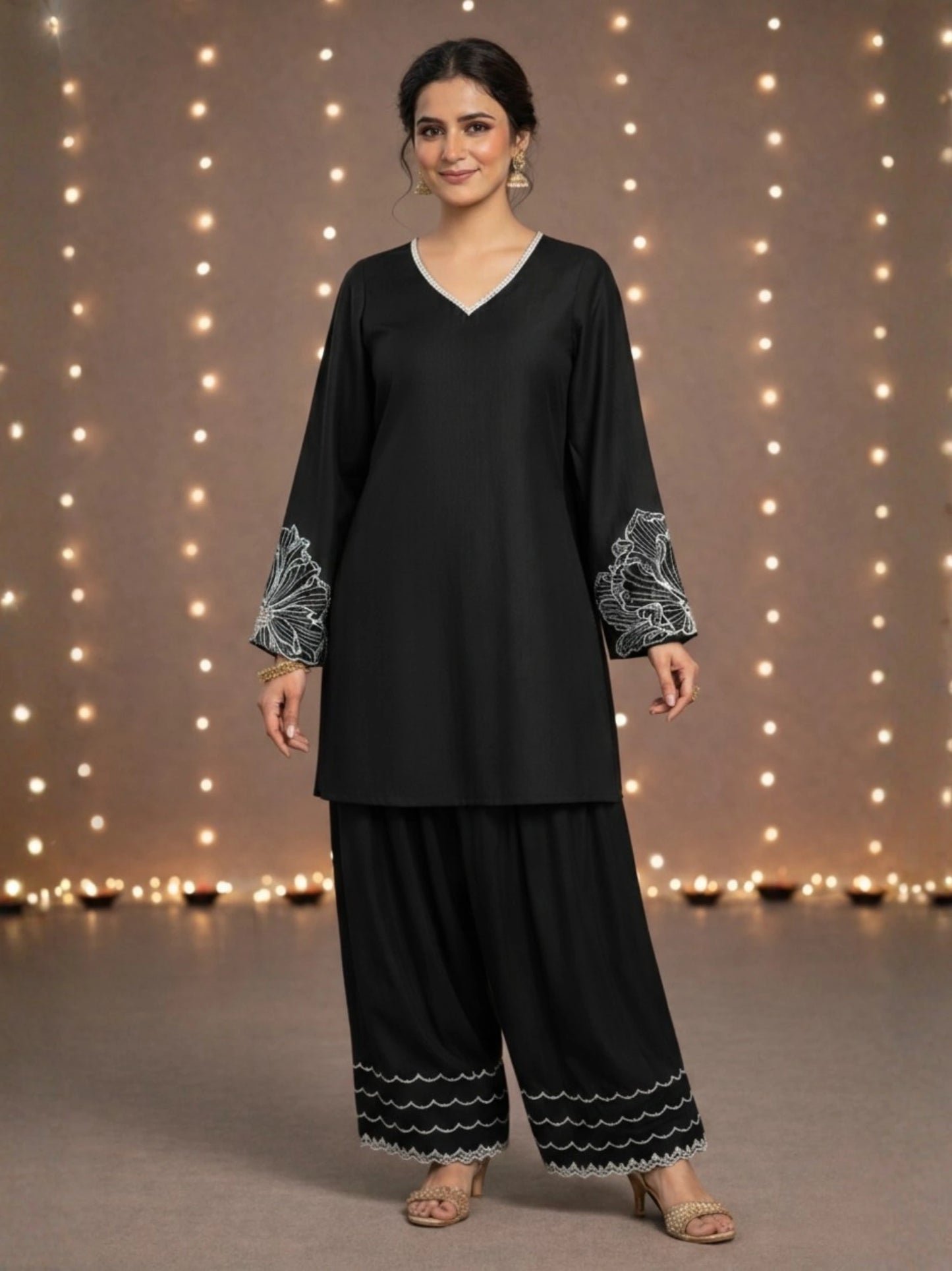Women's Black Embroidered Kurti & Farshi Salwar set