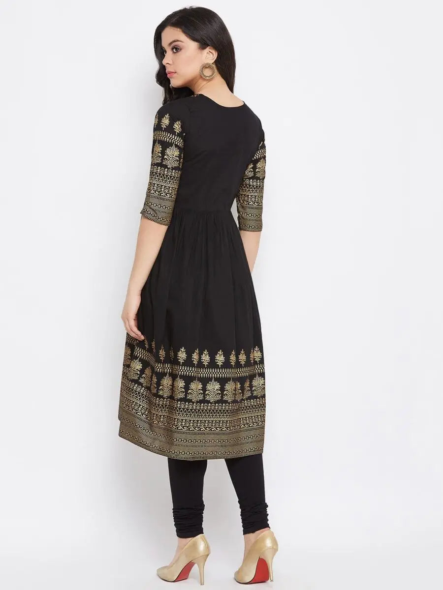 winered-black-flared-cotton-floral-print-kurta