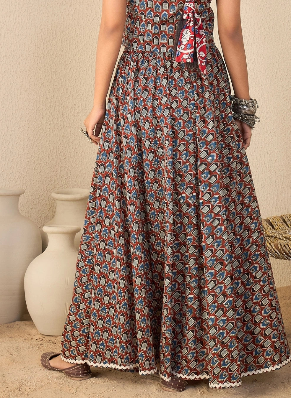 Women Brown Ethnic Printed Cotton Maxi Skirt