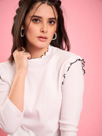 White Ruffle Trim Ribbed Top
