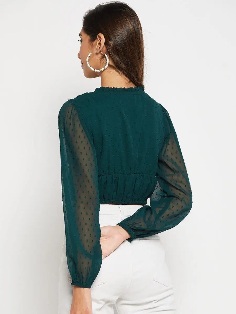winered-green-cotton-tops-for-women-frill-neck-crop-top