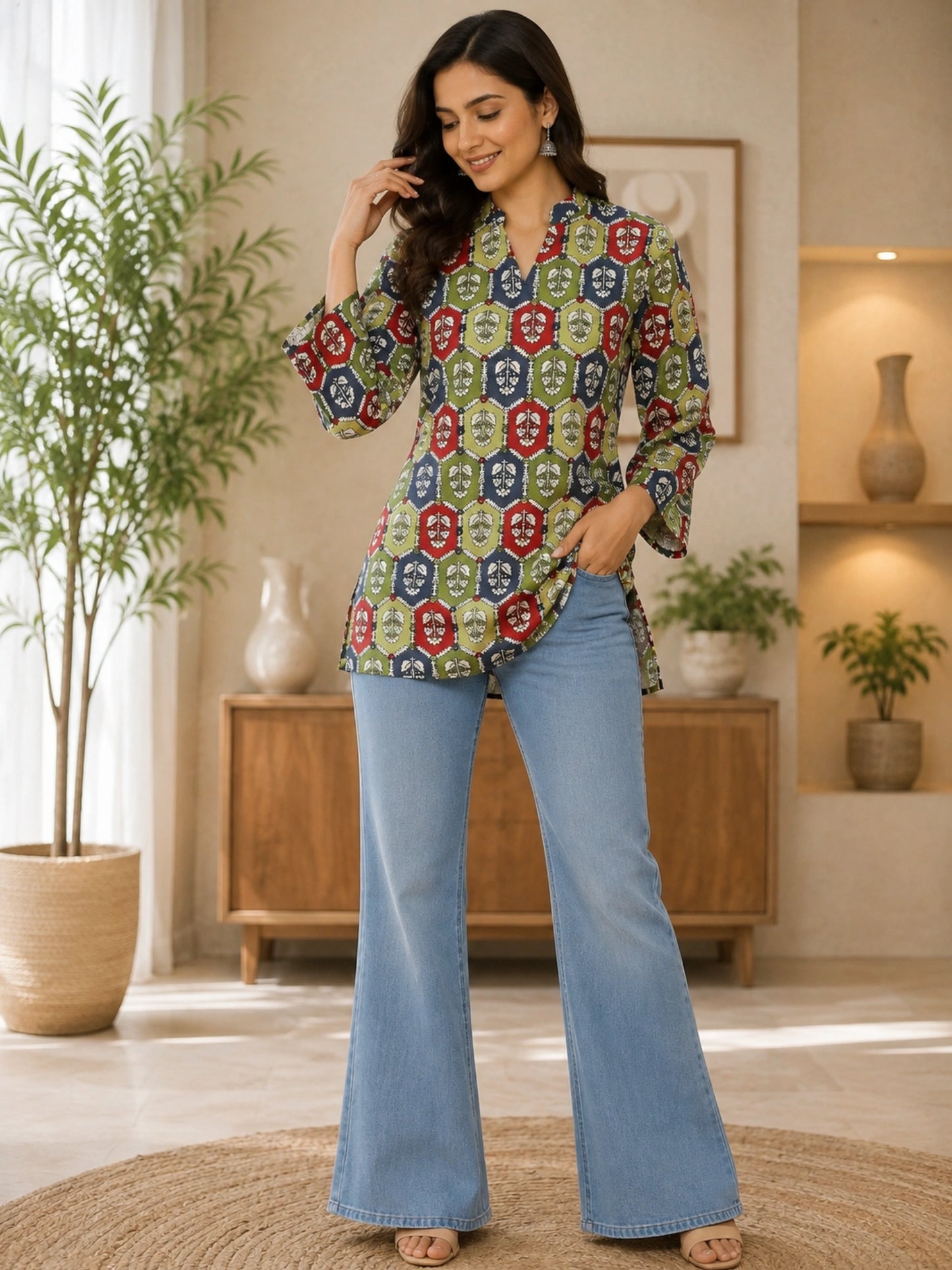 Women Green Geometric Printed Cotton Short Kurti with 3/4th Straight Sleeves