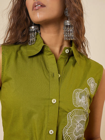 Women Green Cotton Embroidered Crop Shirt and flared pant co-ord set