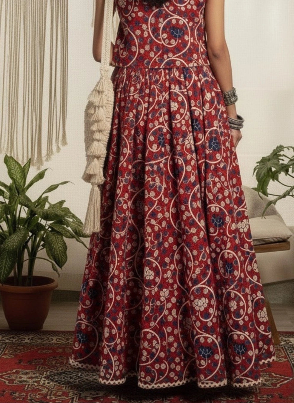 Women Red Ethnic Printed Cotton Maxi Skirt