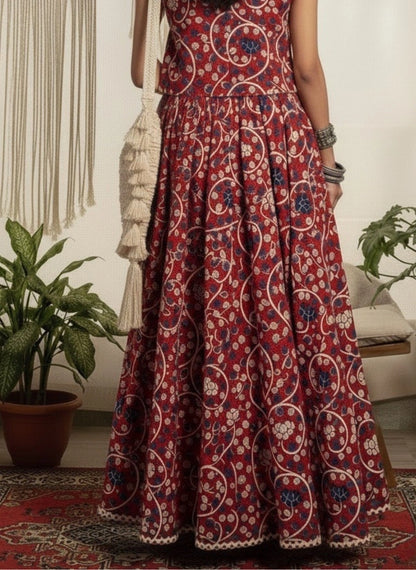 Women Red Ethnic Printed Cotton Maxi Skirt