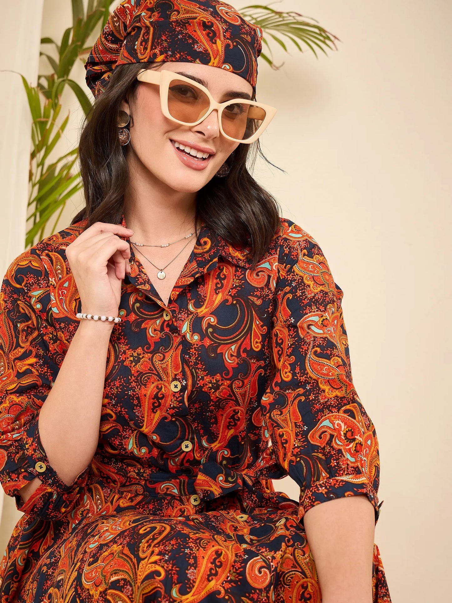 women-navy-blue-cotton-paisely-print-godet-flared-dress