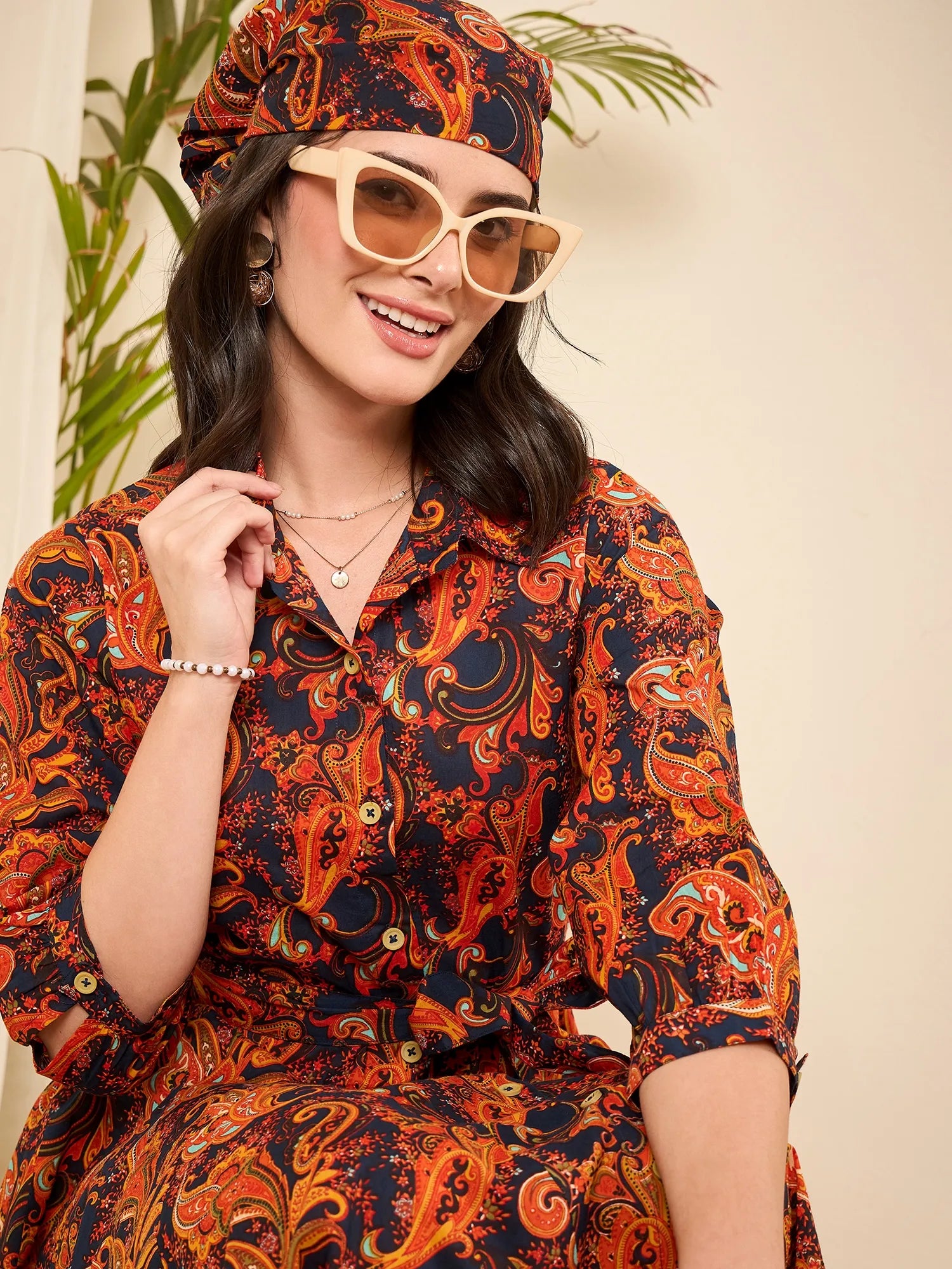 women-navy-blue-cotton-paisely-print-godet-flared-dress